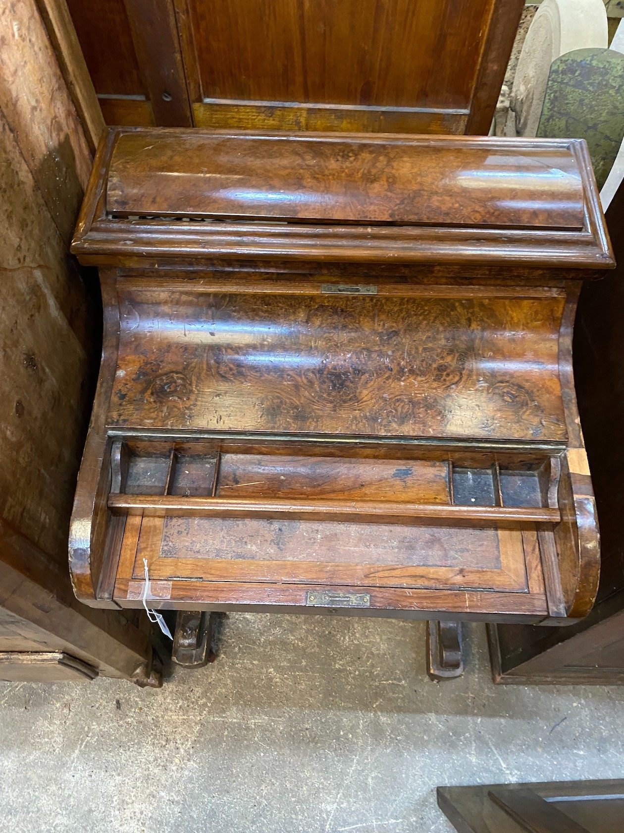 A Victorian walnut piano front pop up davenport width 58cm, depth 54cm, height 92cm